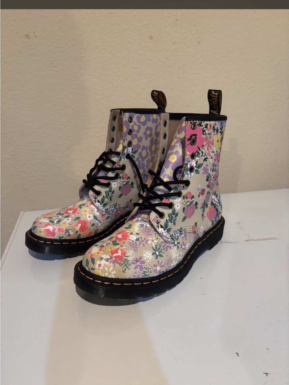 Dr. Martens Floral Lace-Up Combat Boots - Pink, Purple, Cream